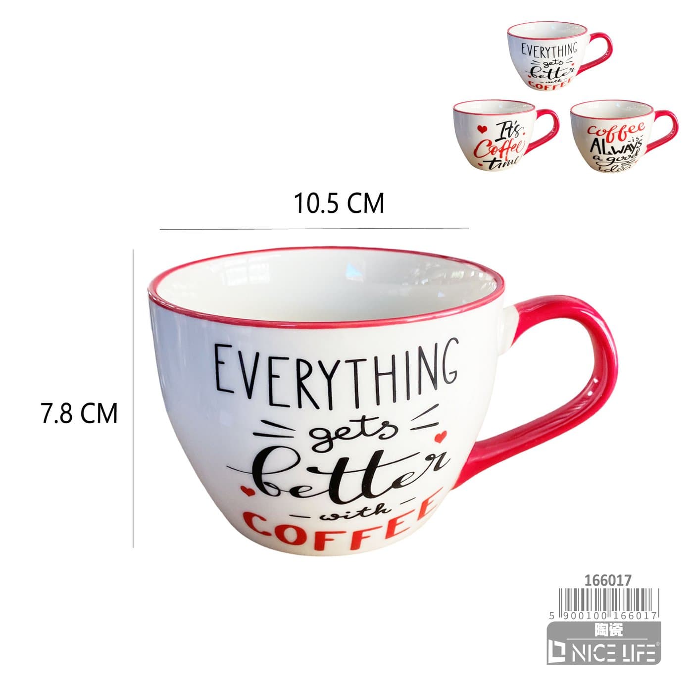 Kubek ceramiczny z czerwonym rantem i napisem o kawie