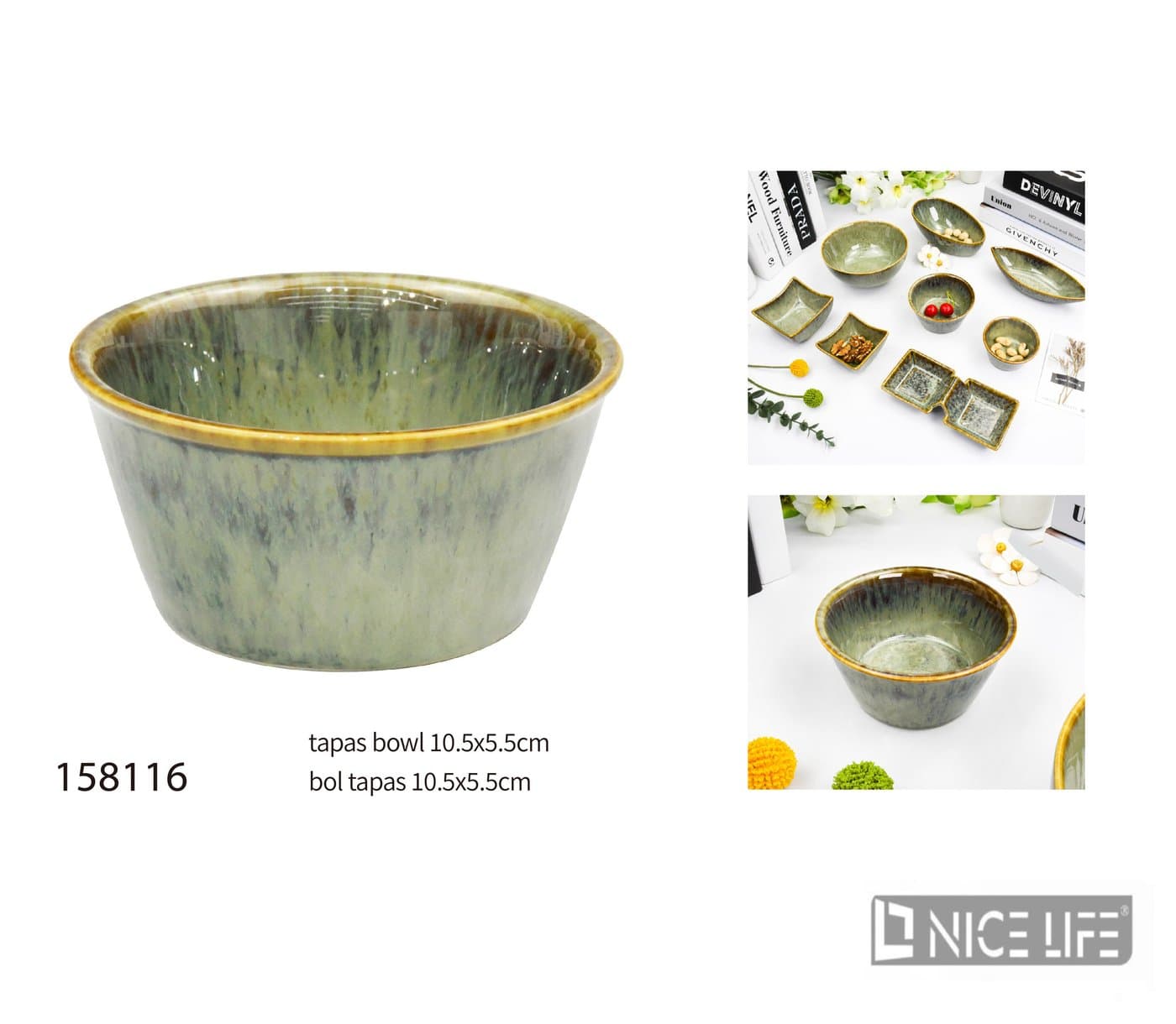 Miska ceramiczna okrągła zielonoszara z żółtym obrzeżem