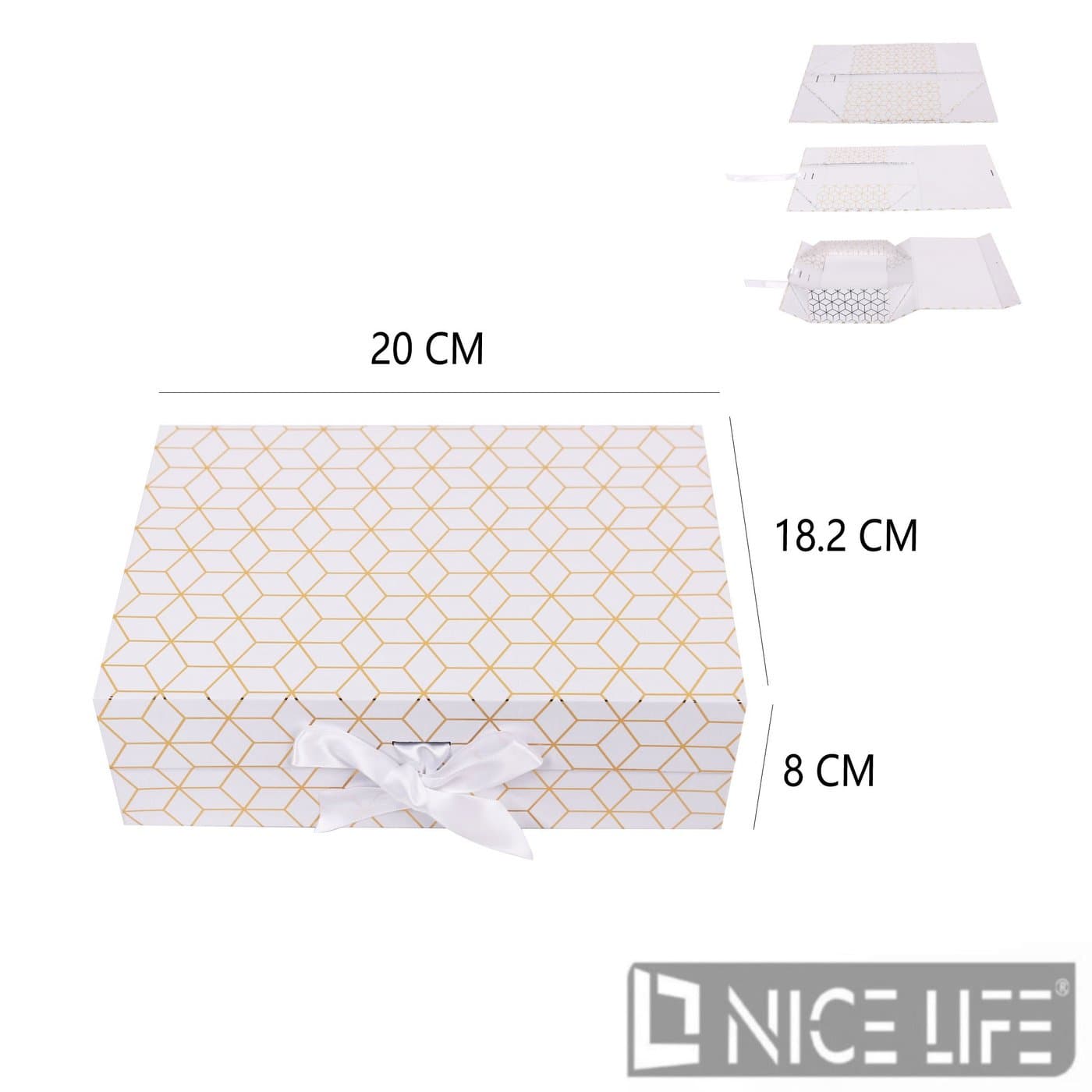 Pudełko papierowe białe ze złotym wzorem geometrycznym