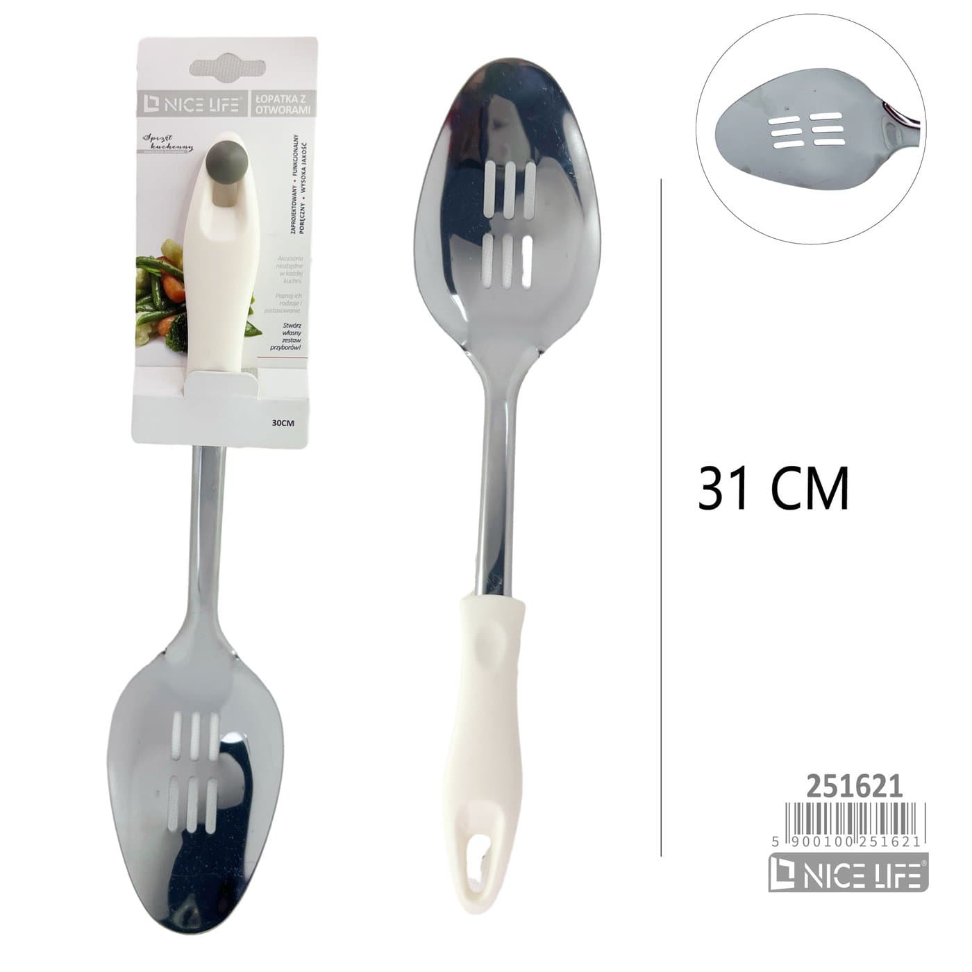 Łopatka kuchenna metalowa owalna z białą plastikową rączką