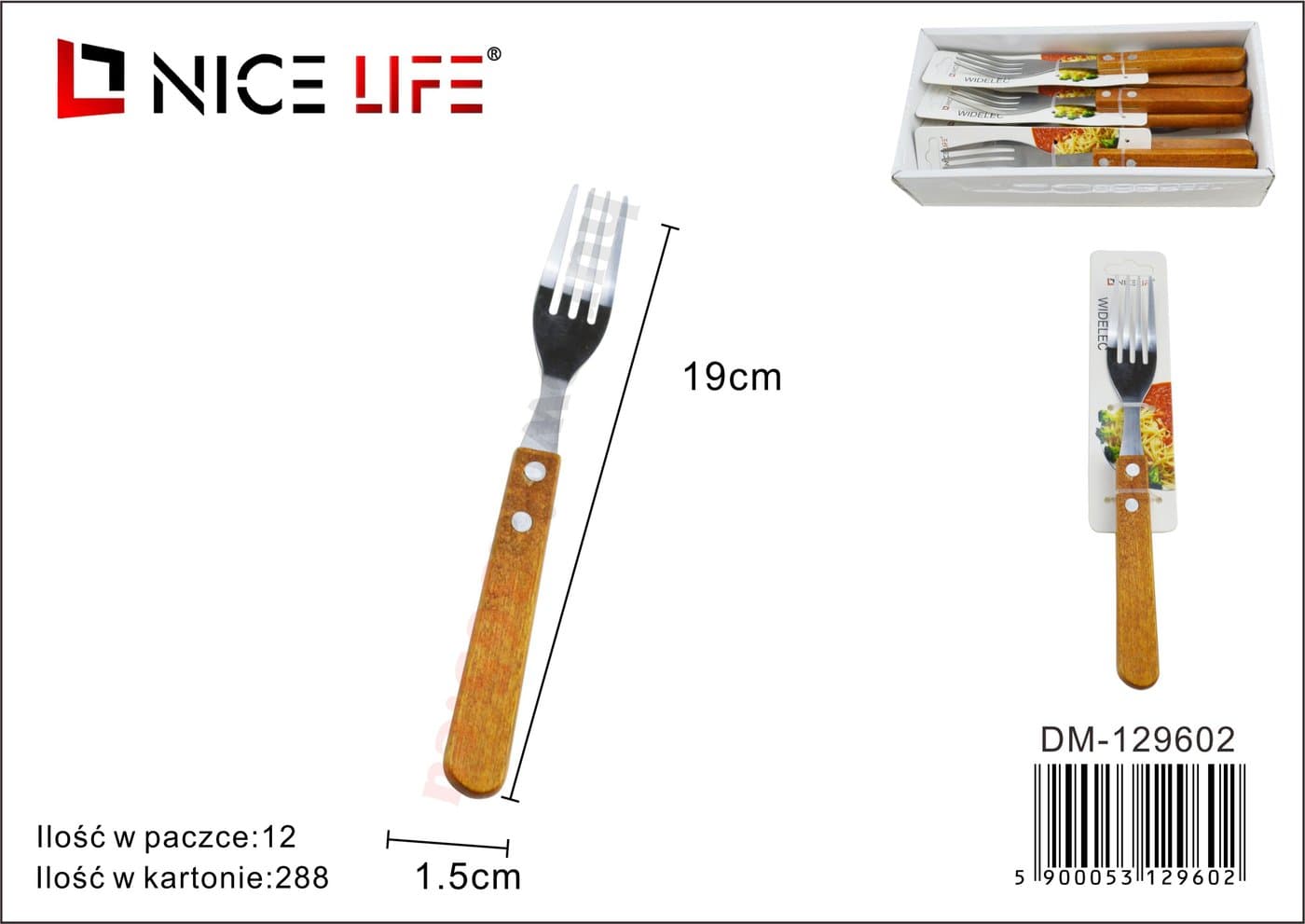 Widelec stołowy metalowy z drewnianą rękojeścią 19,5 cm
