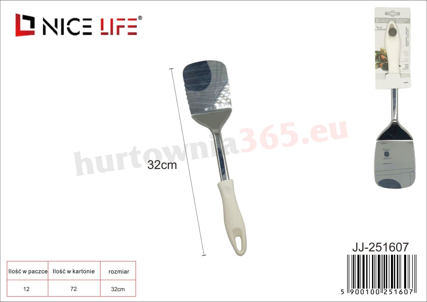 Łopatka kuchenna metalowa szeroka pełna z białą plastikową rączką