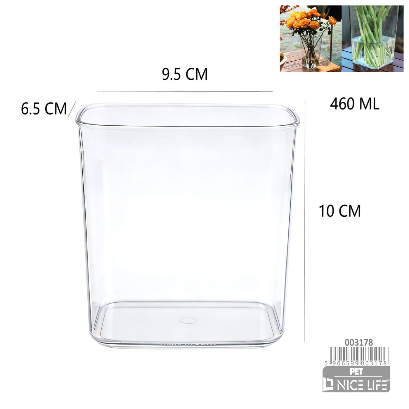 Wazon plastikowy przezroczysty 460 ml, 9,5 × 6,5 × 10 cm