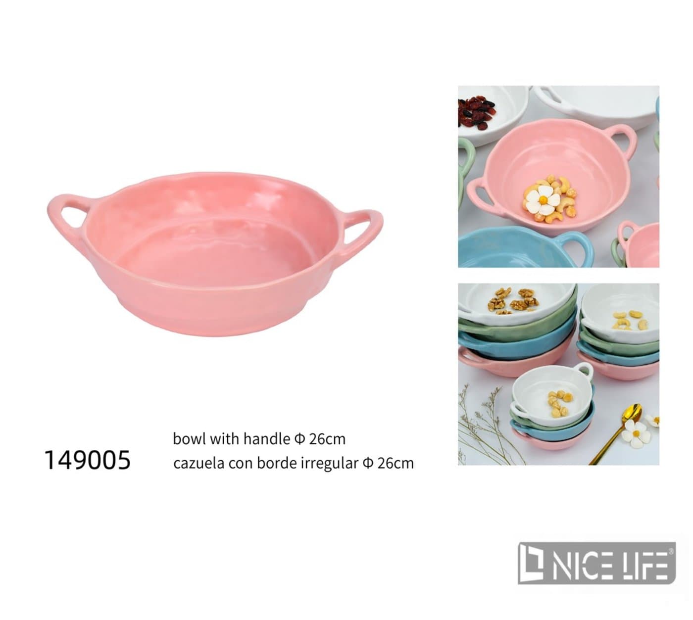 Miska ceramiczna z uchwytami różowa 26 cm