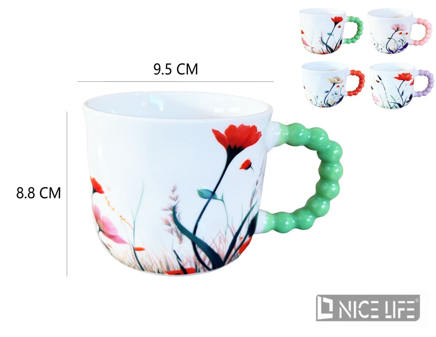 Kubek ceramiczny biały z kwiatami i kolorowym ozdobnym uchem