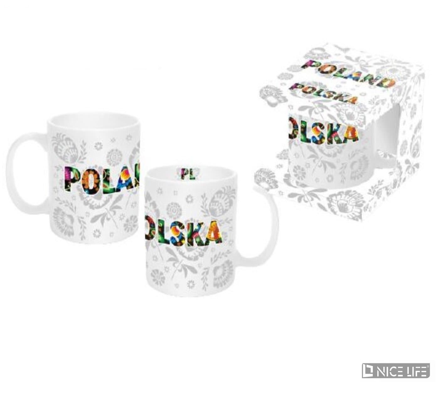 Folk kubek szklany biały 300 ml z motywem folklorystycznym