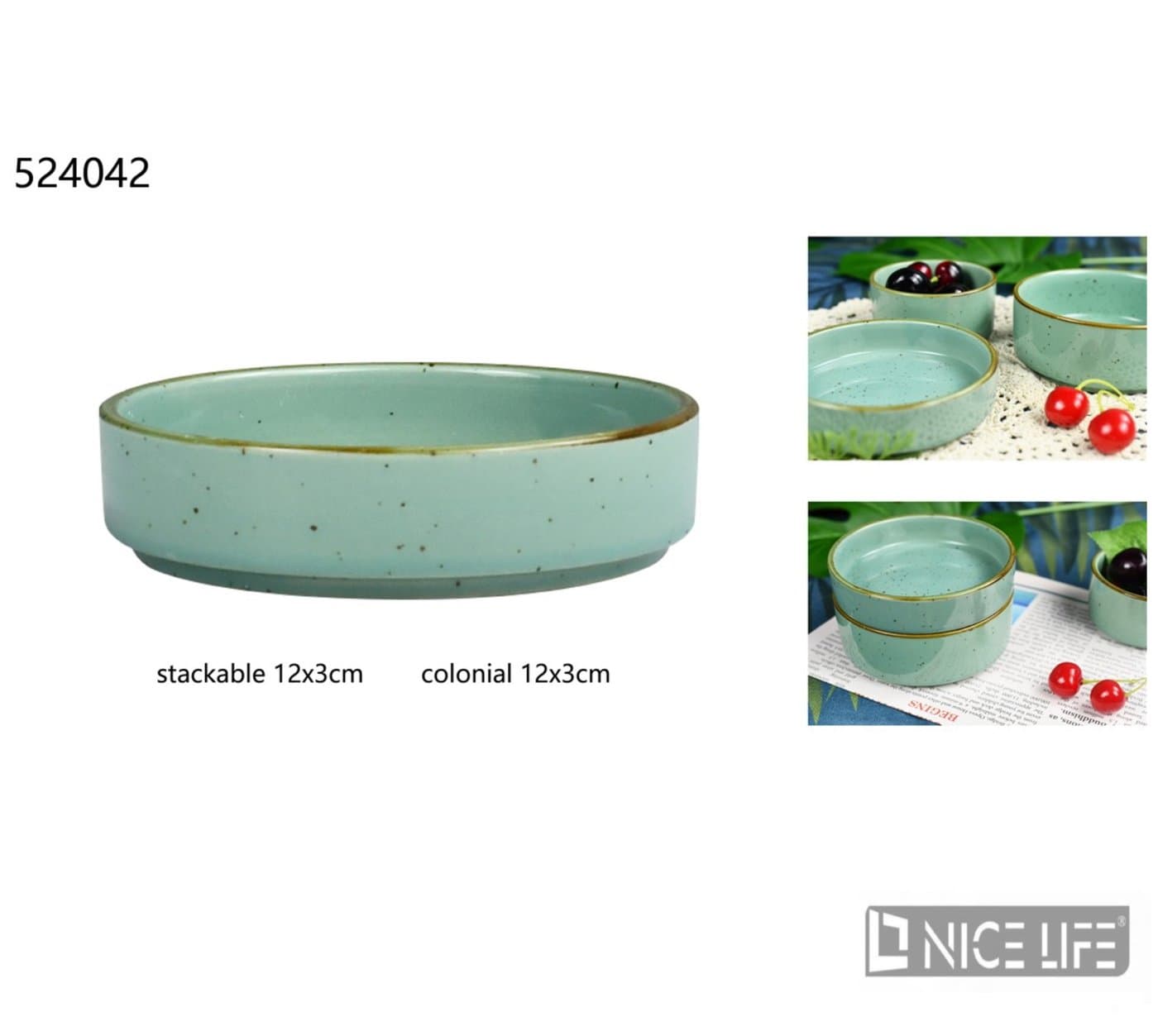 Miska ceramiczna jasnomiętowa niska nakrapiana z ciemnym rantem