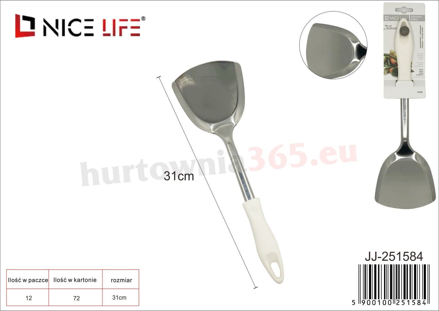 Łopatka kuchenna metalowa z białą plastikową rączką z otworem