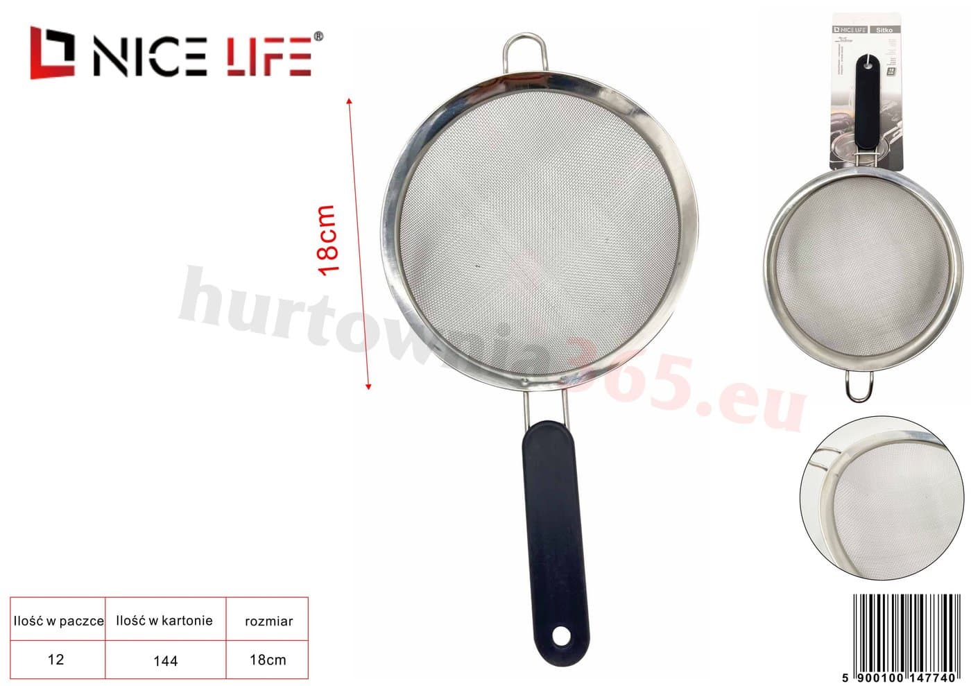 Sitko metalowe 18 cm z czarną rączką