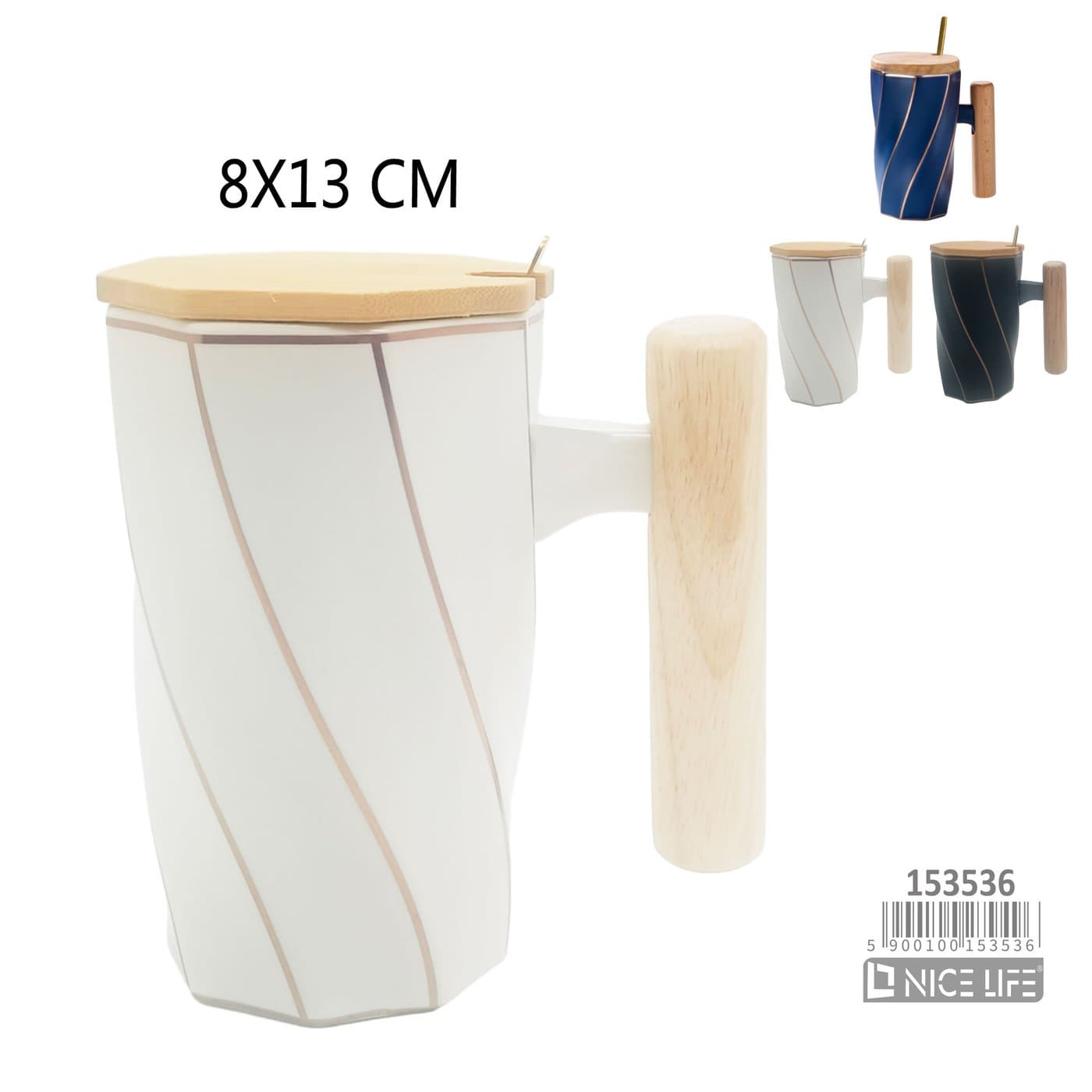 Kubek ceramiczny z drewnianym uchwytem i wzorem liniowym