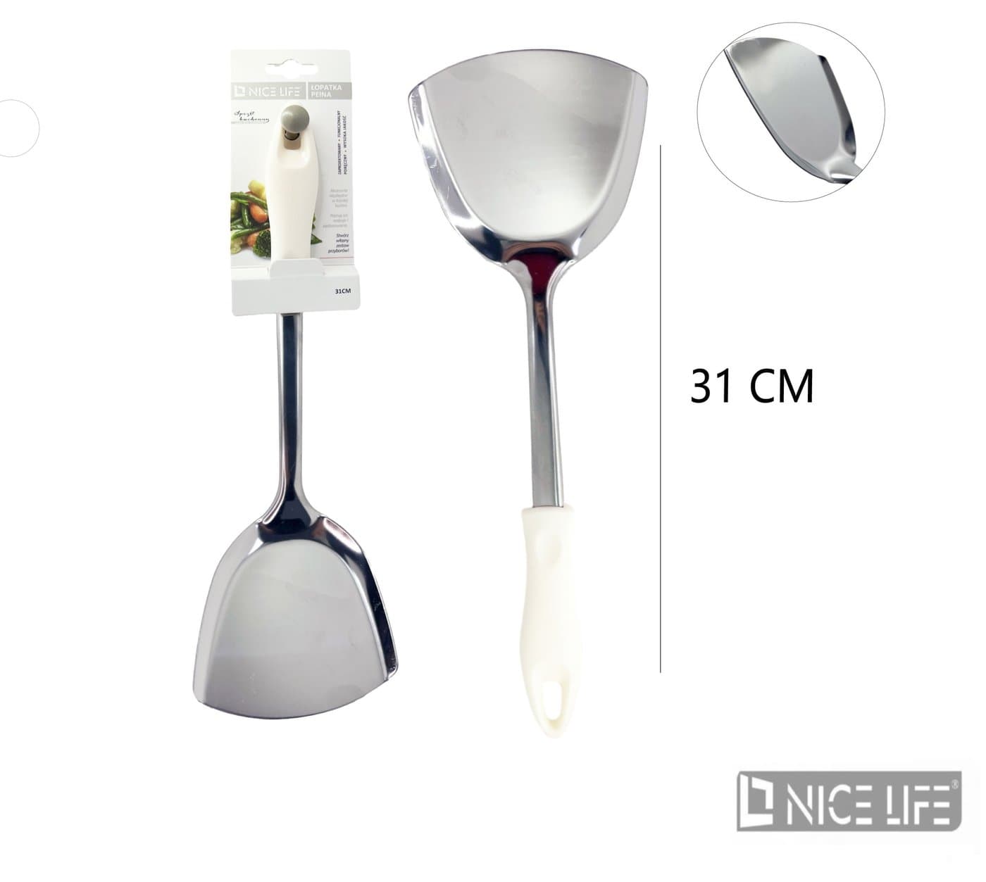 Łopatka kuchenna metalowa z białą plastikową rączką z otworem