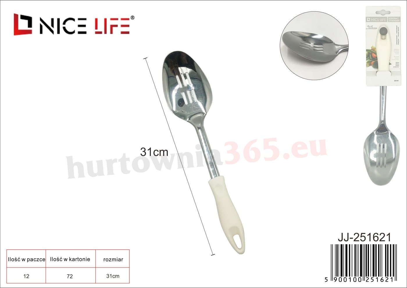 Łopatka kuchenna metalowa owalna z białą plastikową rączką