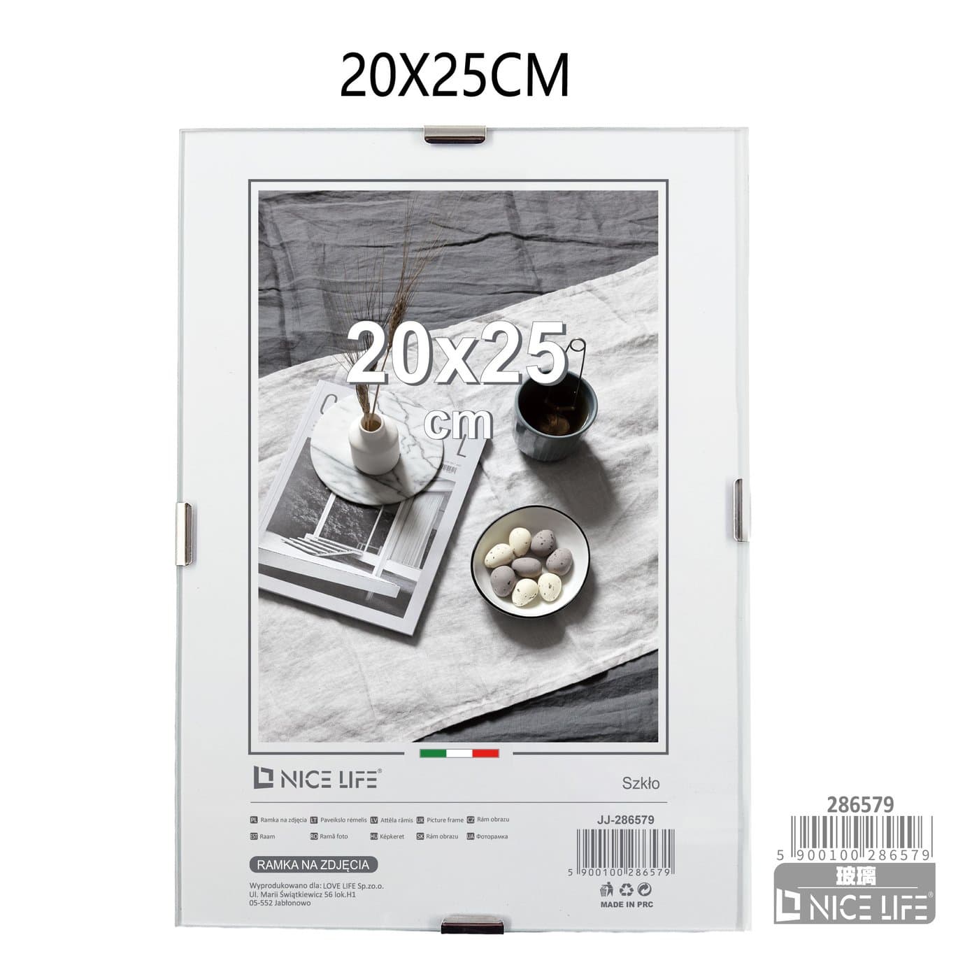 Ramka do fotografii szklana z białą obwódką i klipsami