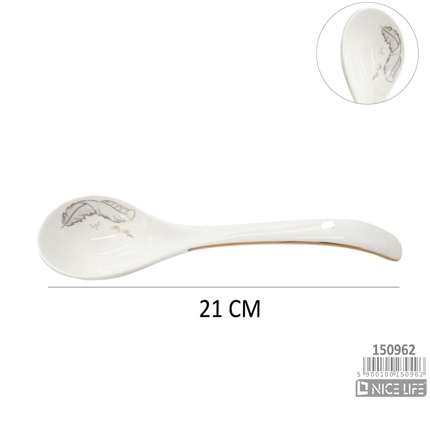 Łyżka ceramiczna ze złotą linią i motywem pióra