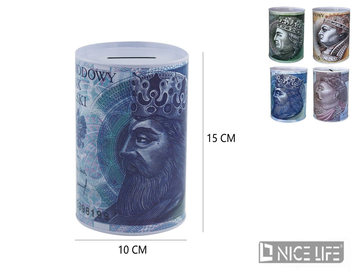 Skarbonka z metalu cylindryczna z nadrukiem banknotowym