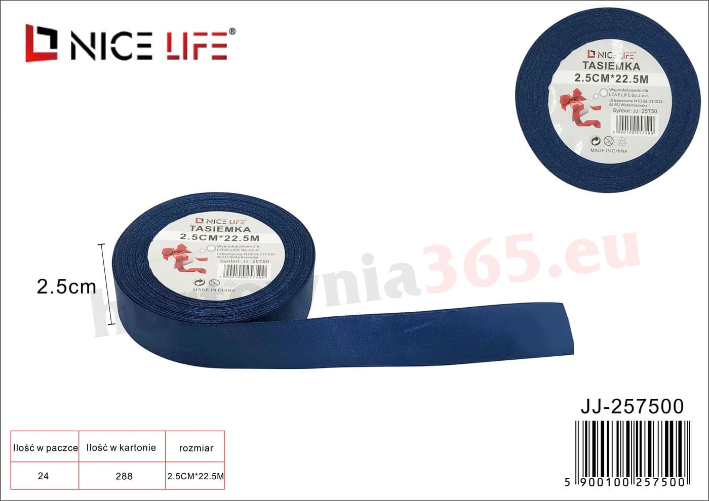 Wstążka dekoracyjna gładka granatowa 2,5 cm × 22,5 m