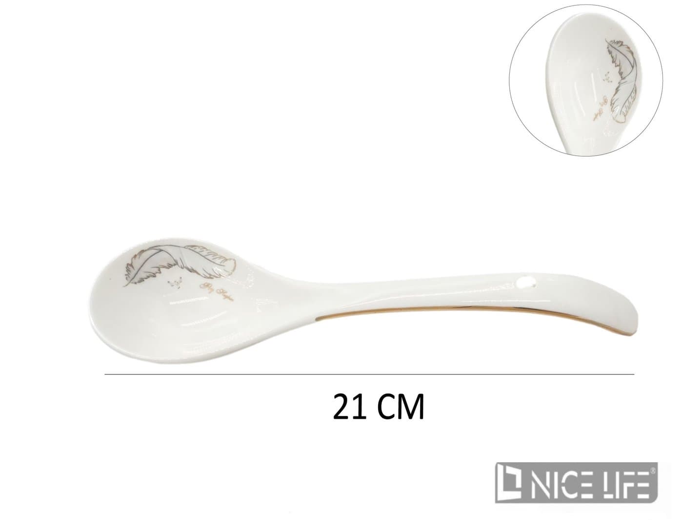 Łyżka ceramiczna ze złotą linią i motywem pióra