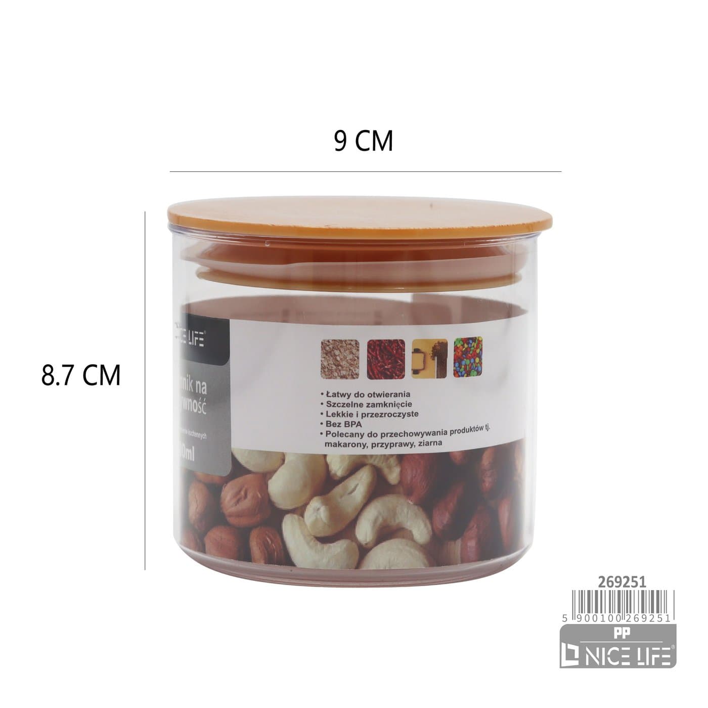 Pojemniki przezroczyste do suchych produktów z brązowymi pokrywkami