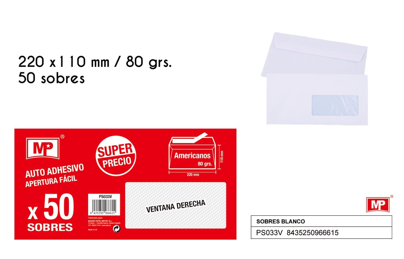 Koperta papierowa biała z okienkiem 220 × 110 mm