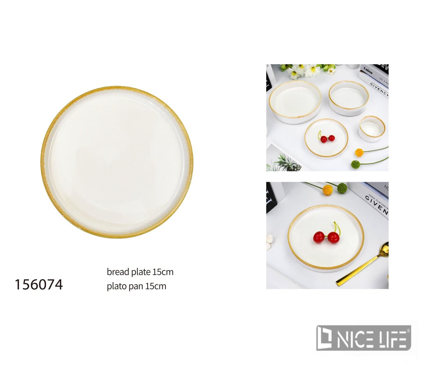 Talerz ceramiczny biały ze złotym obrzeżem 15 cm