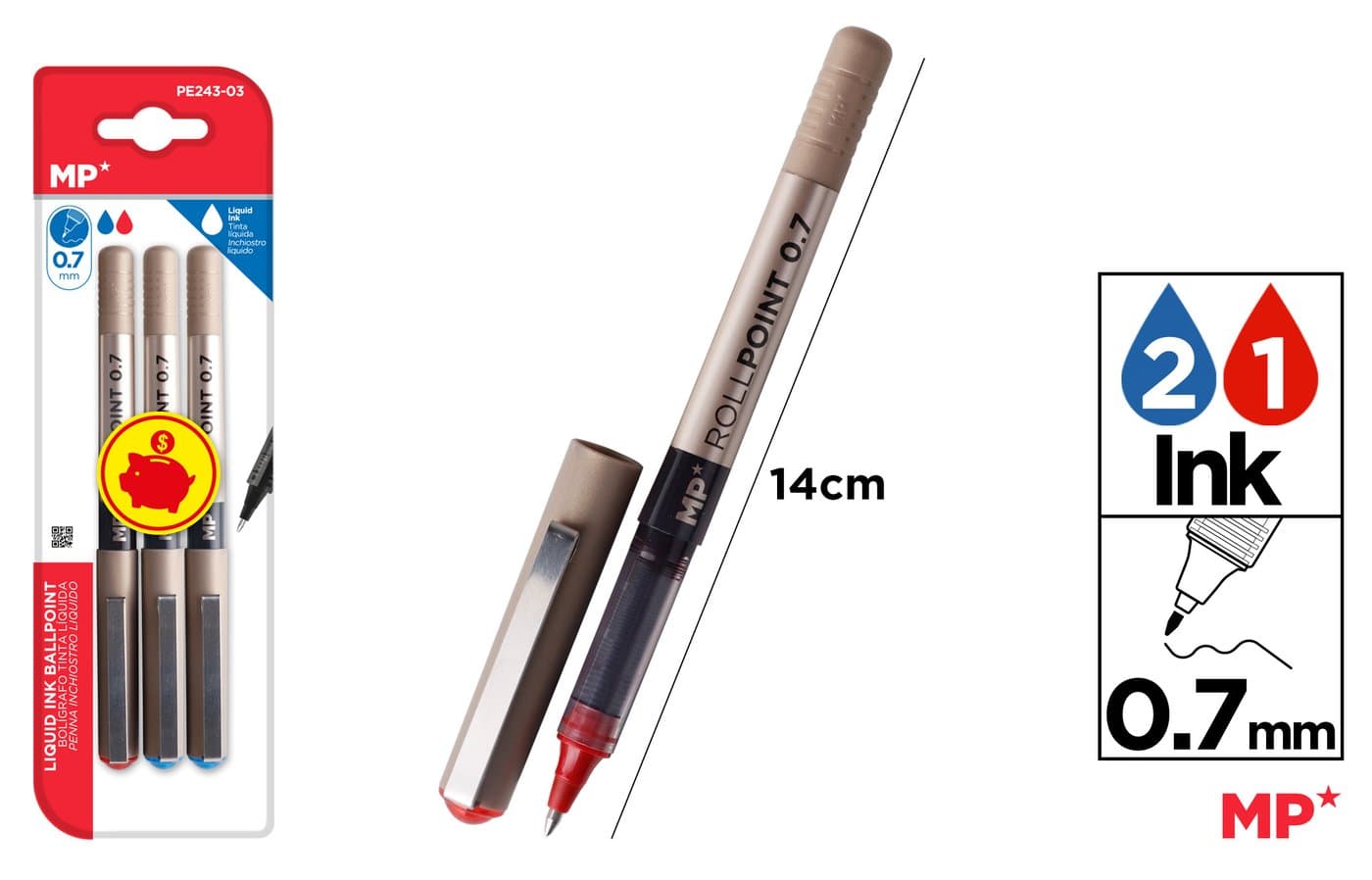 Cienkopisy 0,7 mm z dwoma niebieskimi i czerwonym tuszem