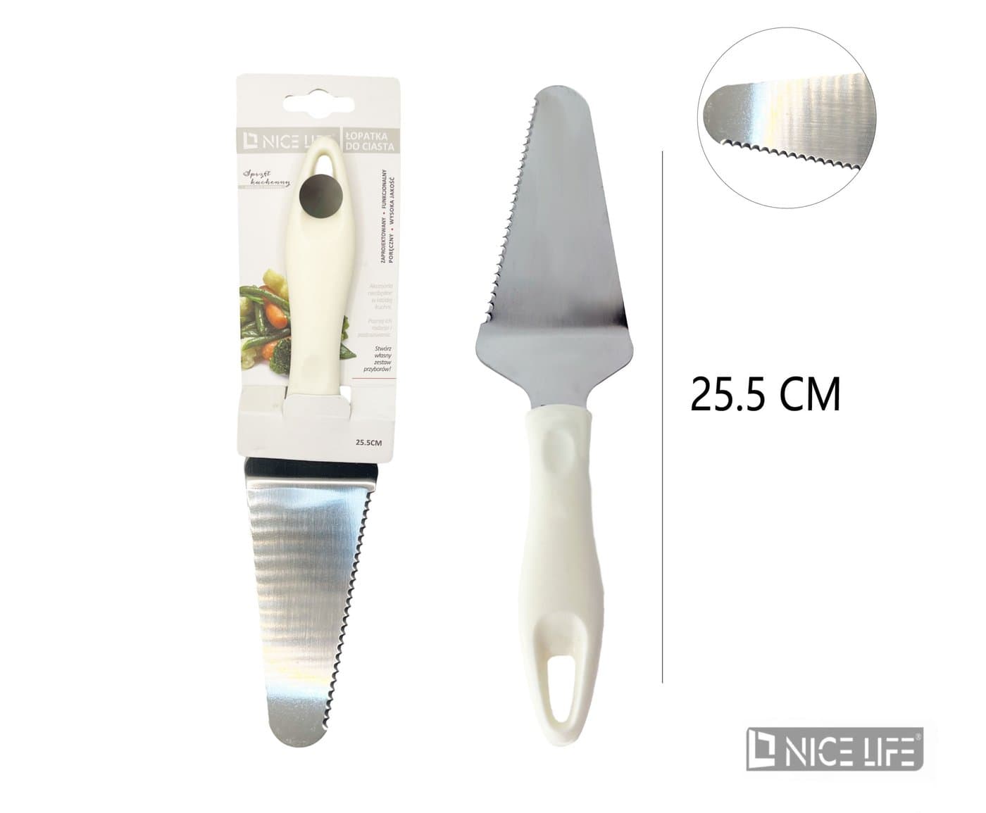 Łopatka do ciasta metalowa z ząbkowaną krawędzią i białą rączką