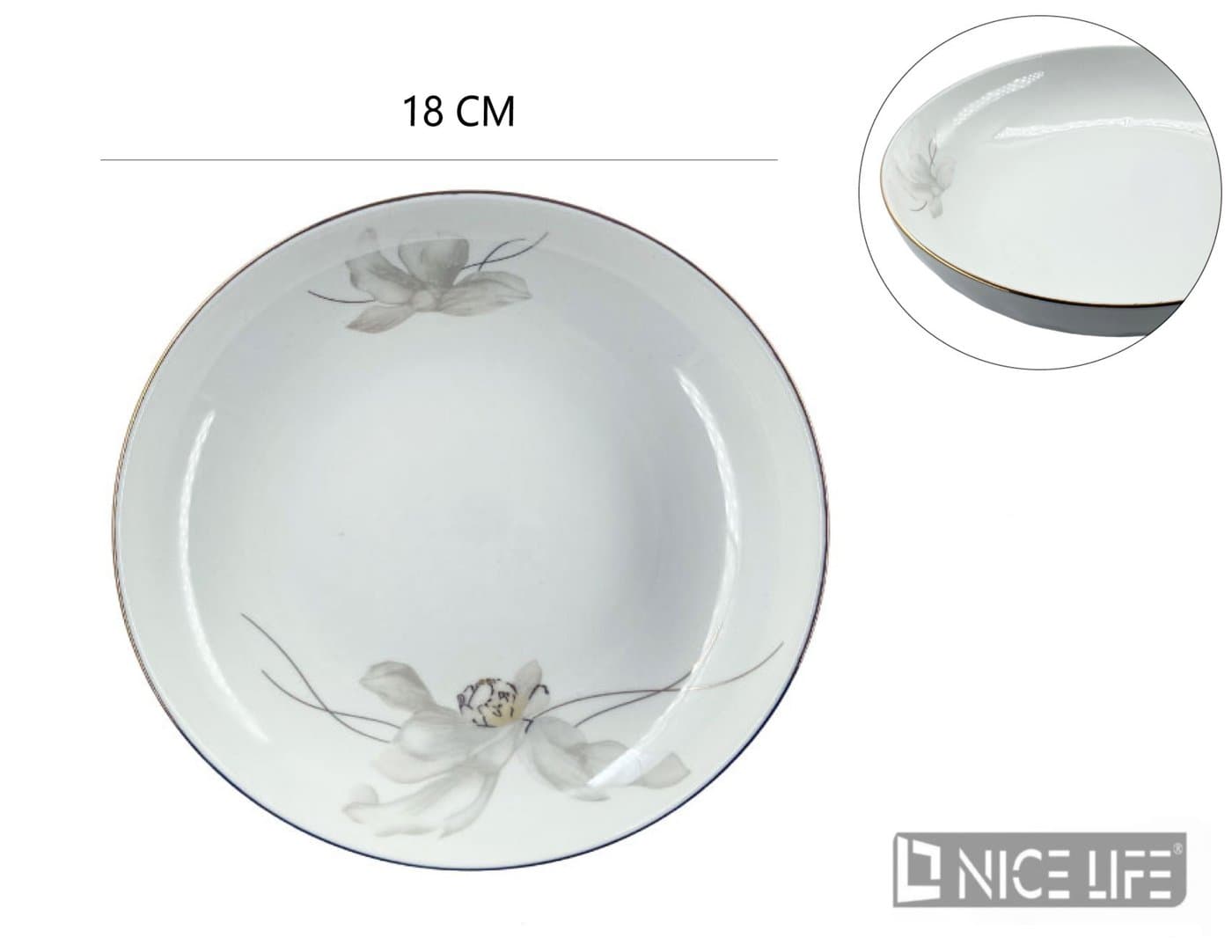 Naczynie ceramiczne białe z kwiatowym motywem i złotą obwódką