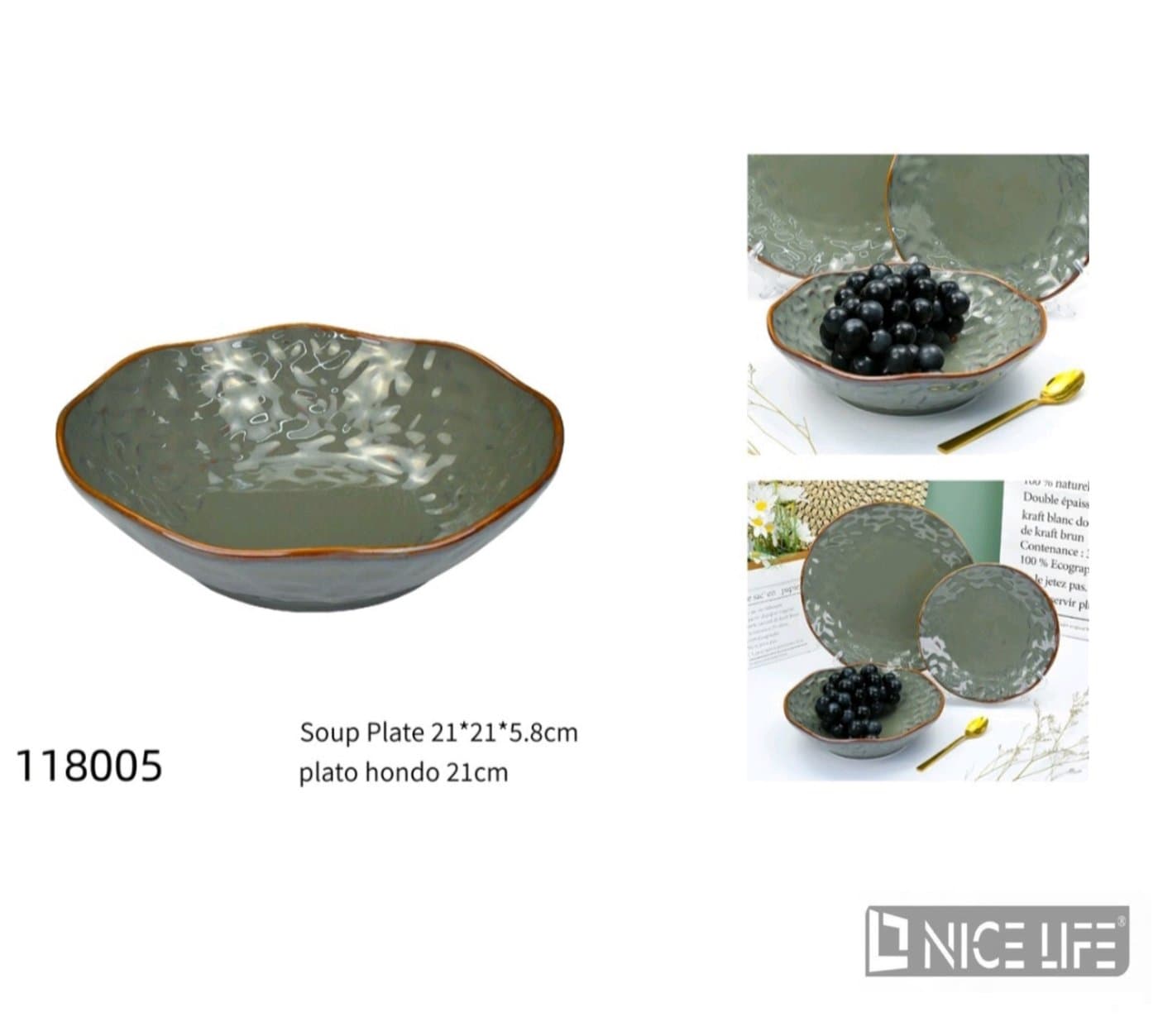 Talerz głęboki ceramiczny 21 cm zielonoszary nieregularny