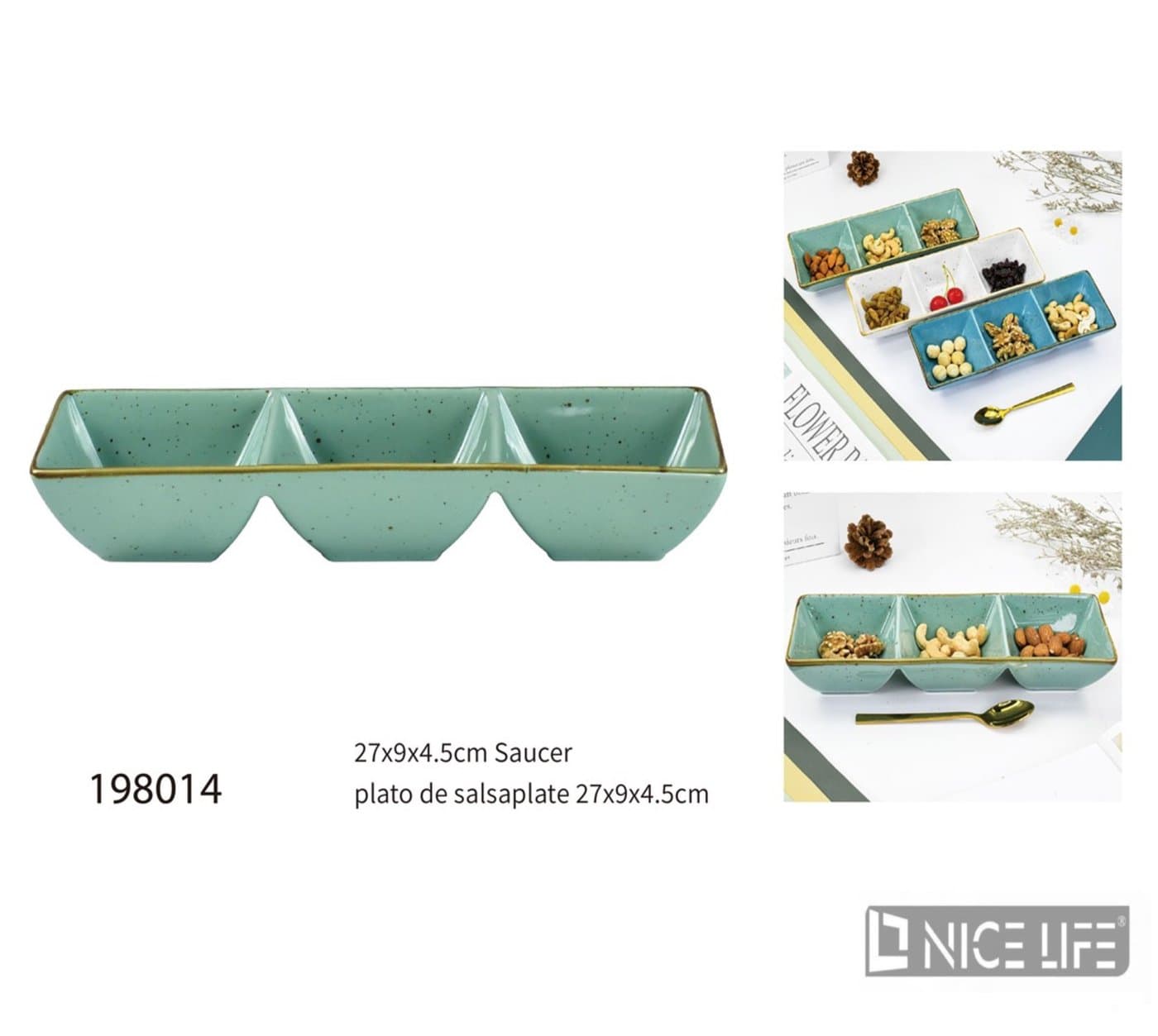 Miska ceramiczna na przekąski potrójna miętowozielona