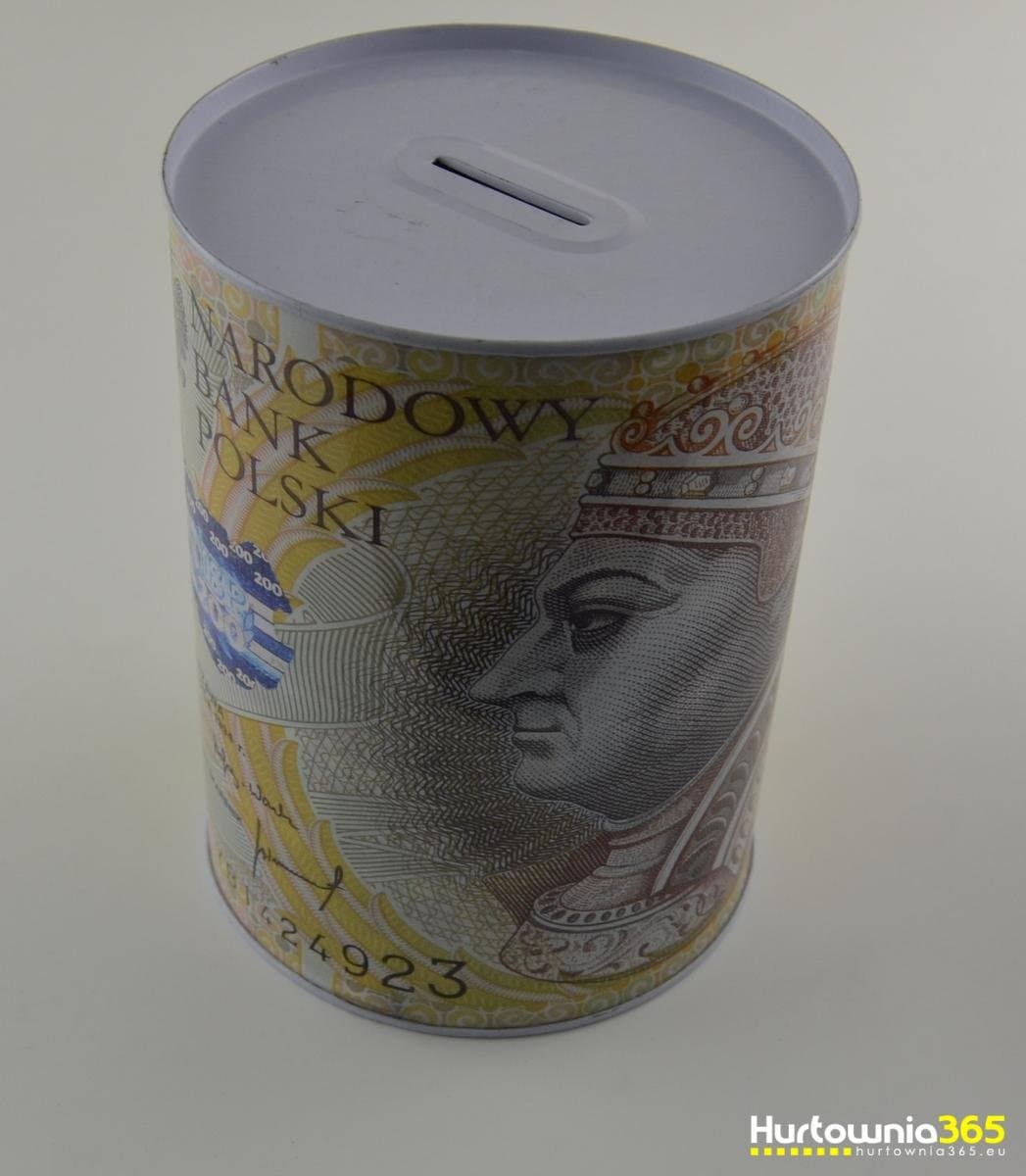 Skarbonka cylindryczna z nadrukiem banknotów w wariantach kolorów