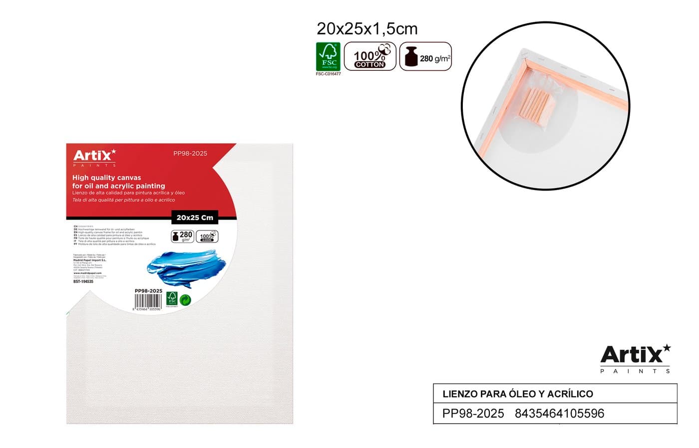 Podobrazie białe na drewnianej ramie 20 × 25 × 1,5 cm 280 g/m²