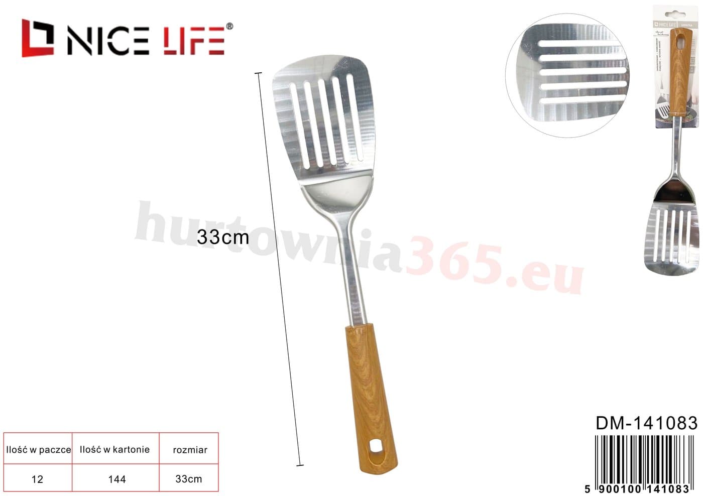 Łopatka kuchenna metalowa z podłużnymi otworami w kolorze drewna