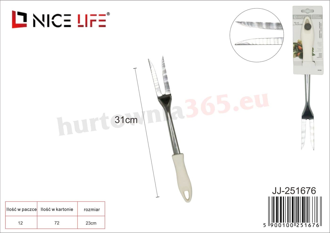 Widelec kuchenny metalowy z białą plastikową rączką